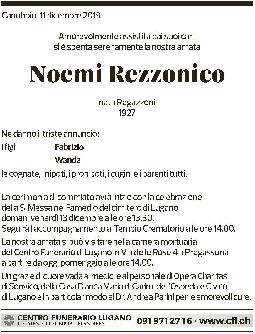 Annuncio funebre Noemi Rezzonico