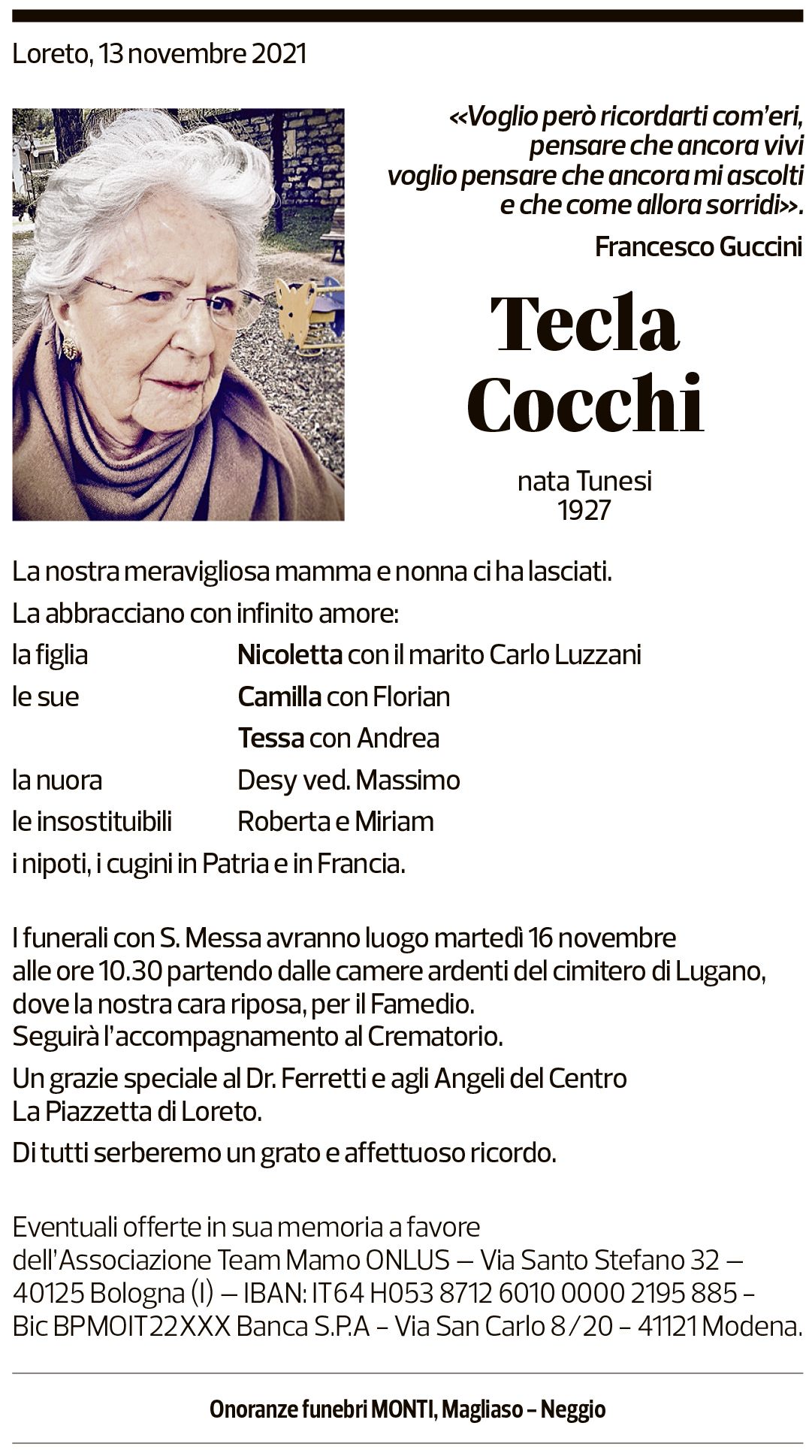 Annuncio funebre Tecla Cocchi