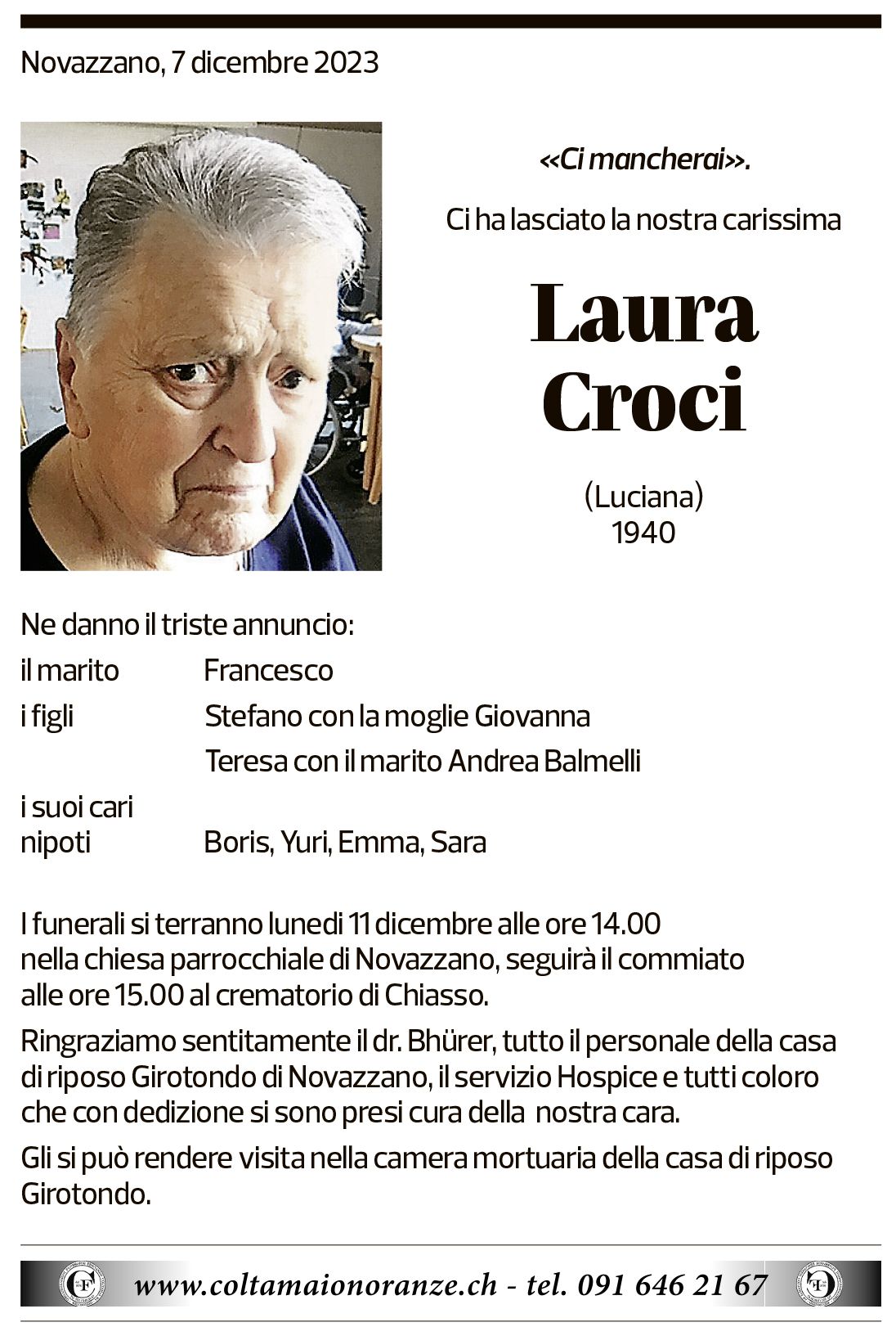 Annuncio funebre Laura Croci