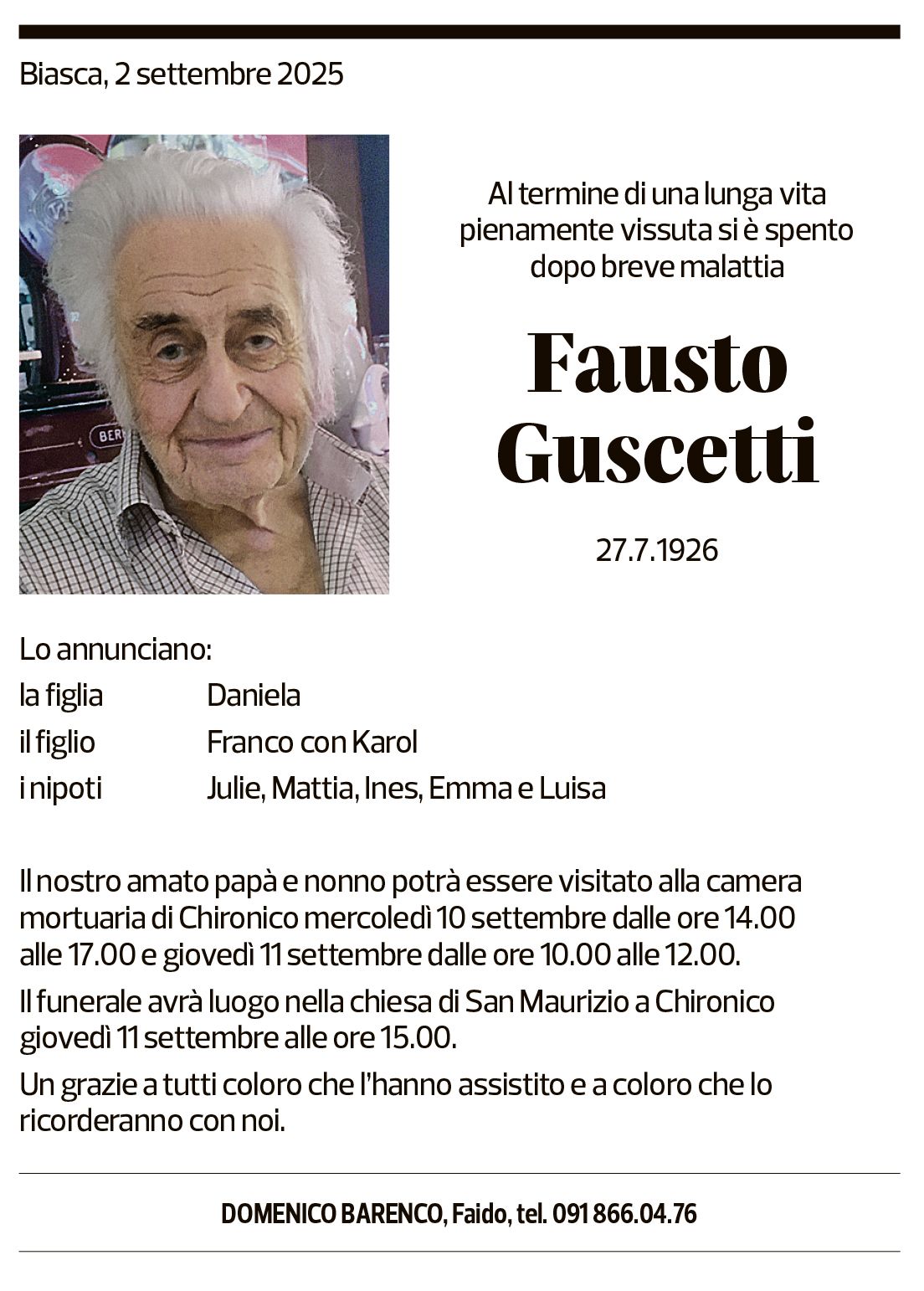 Annuncio funebre Fausto Guscetti