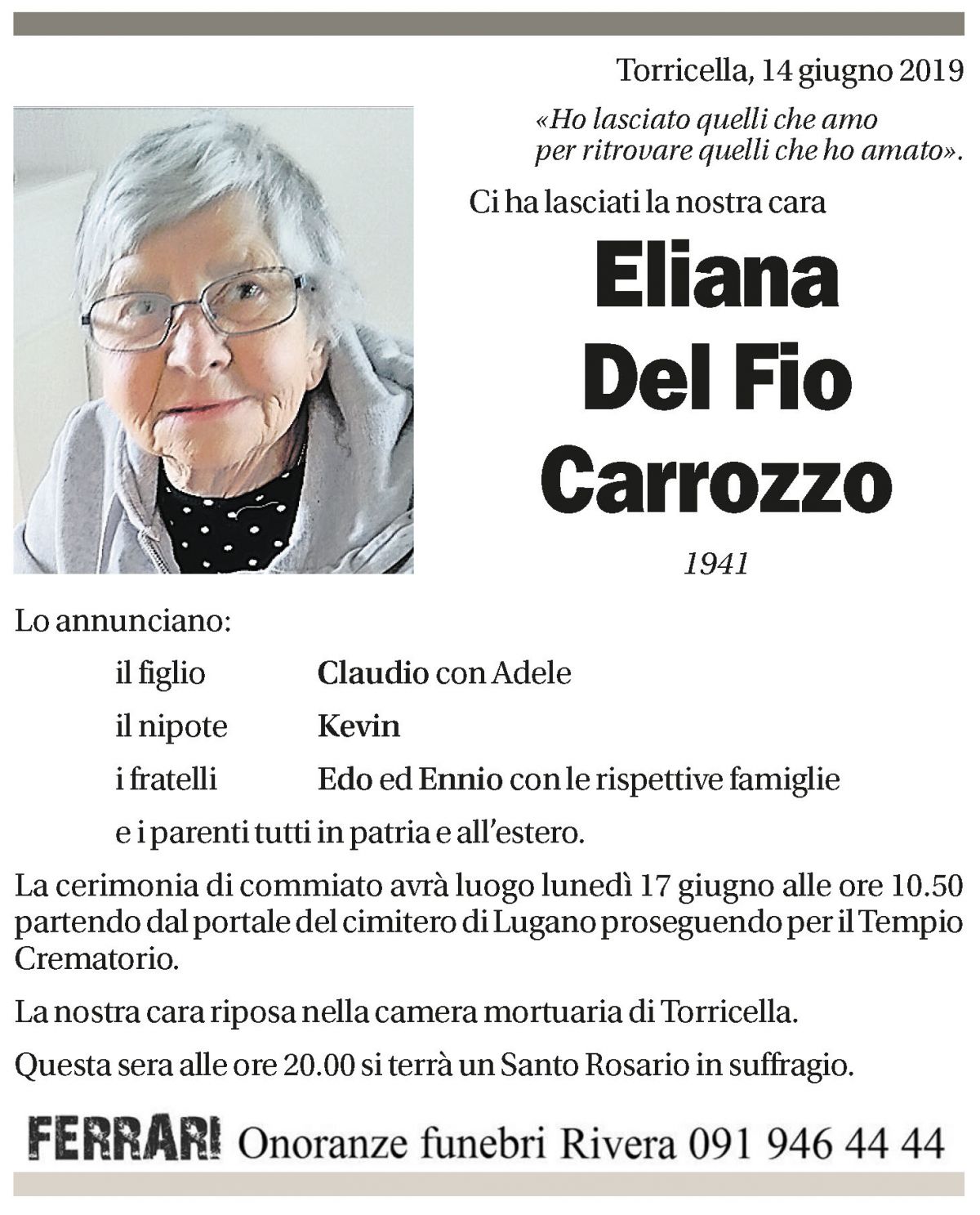 Annuncio funebre Eliana Del Fio Carozzo