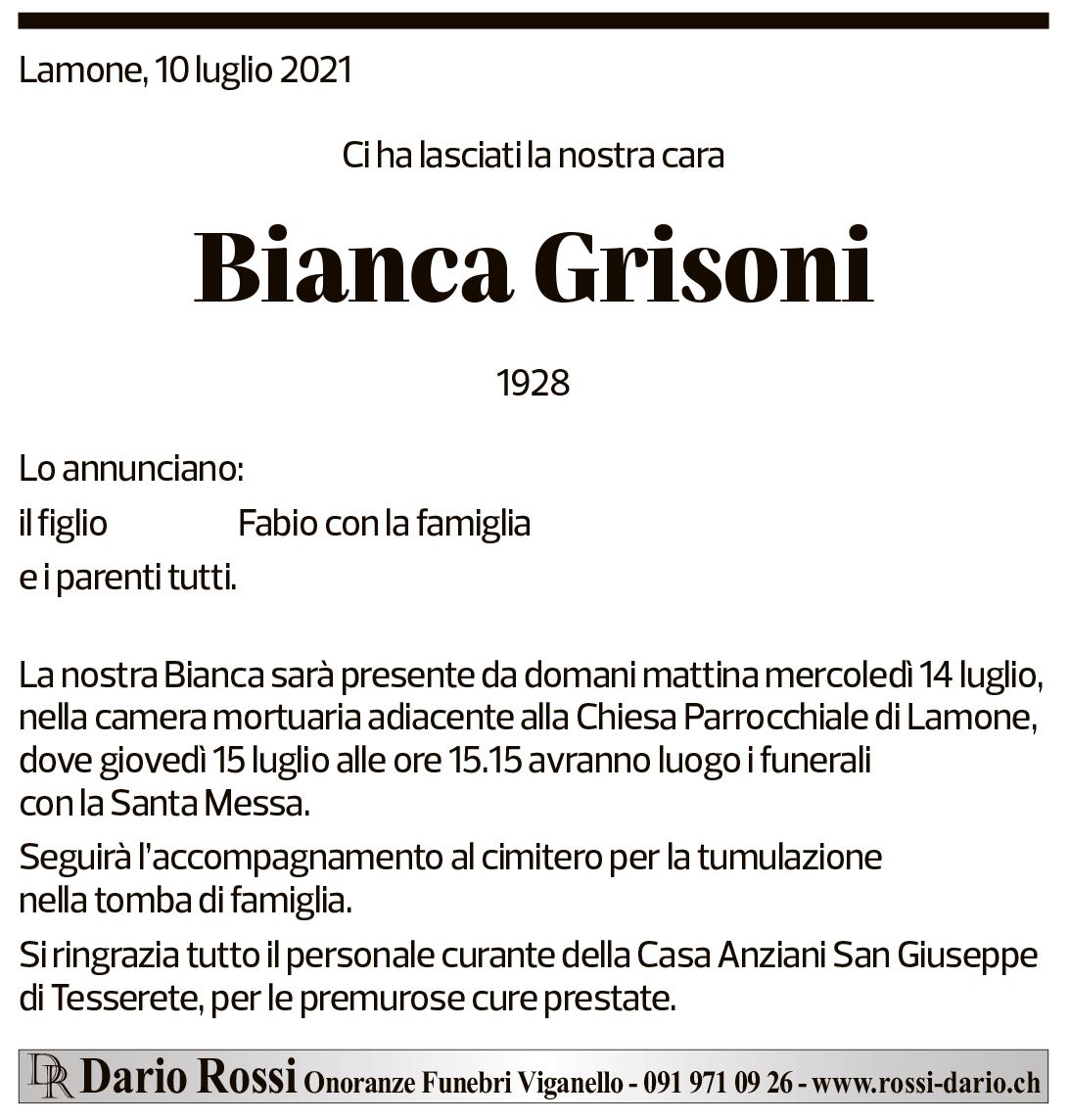 Annuncio funebre Bianca Grisoni