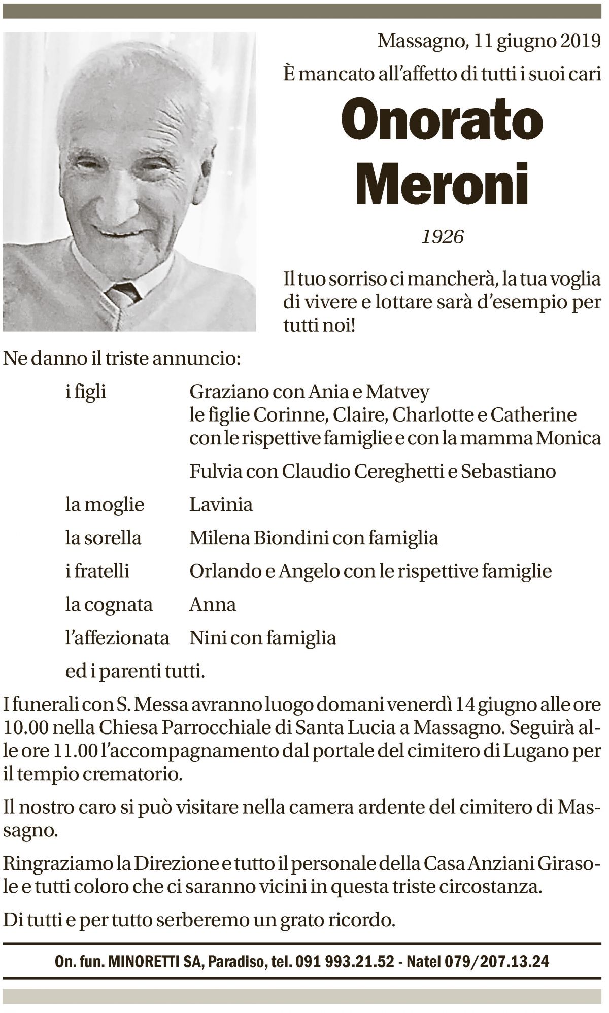 Annuncio funebre Onorato Meroni