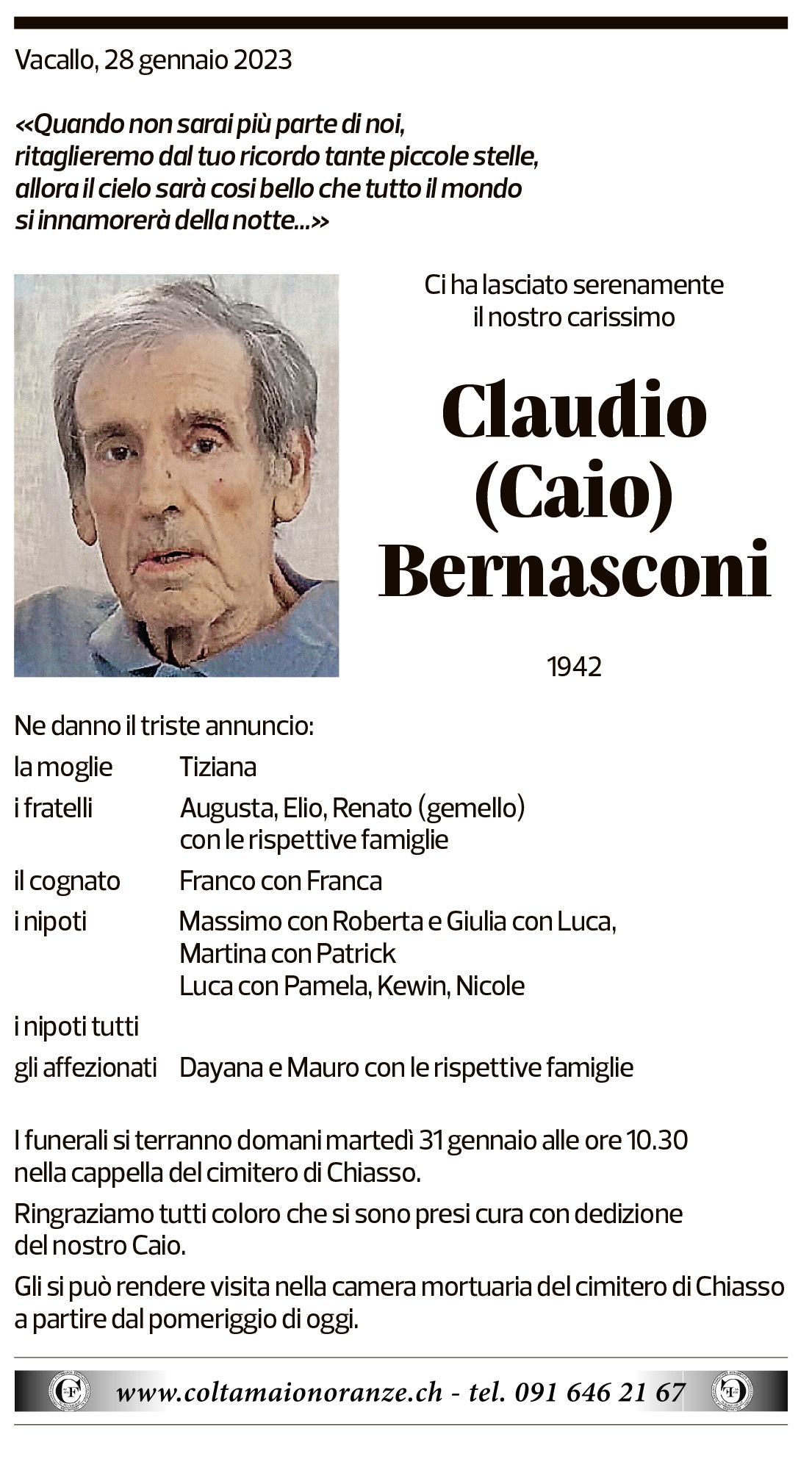 Annuncio funebre Claudio Caio Passerini