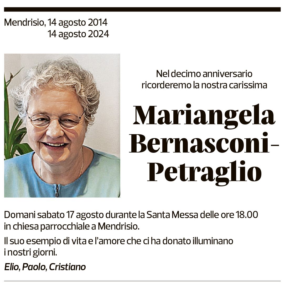 Annuncio funebre Mariangela Bernasconi-petraglio