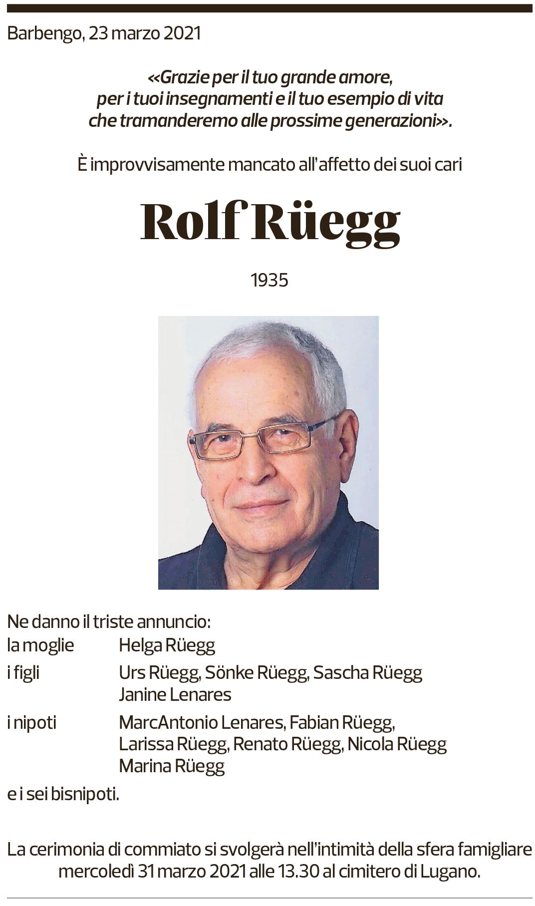 Annuncio funebre Rolf Rüegg