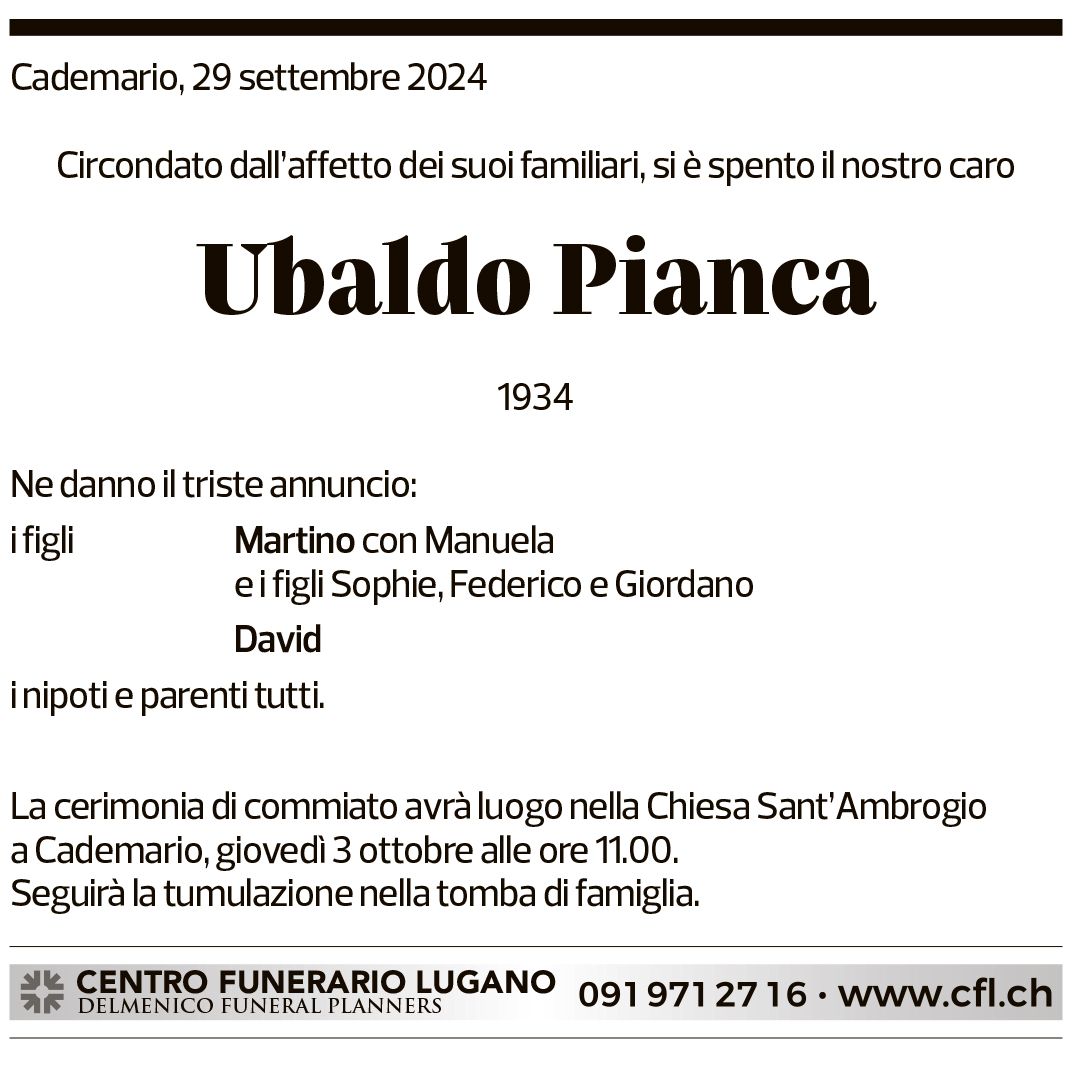 Annuncio funebre Ubaldo Pianca