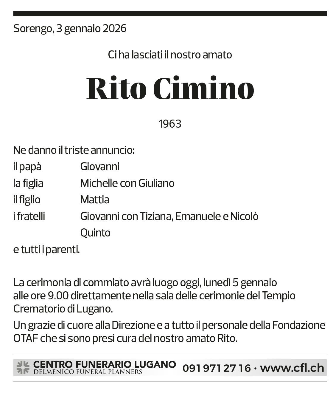 Annuncio funebre Rito Cimino