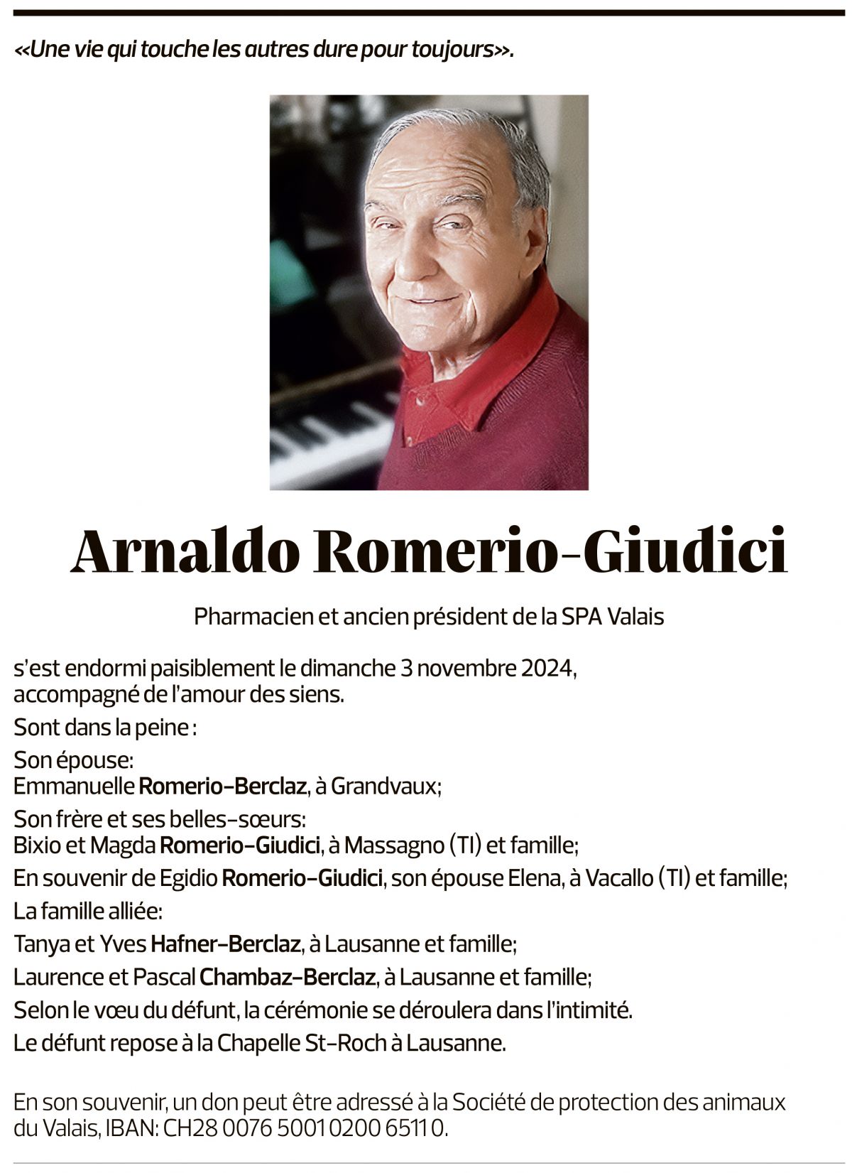 Annuncio funebre Arnaldo Romerio-giudici