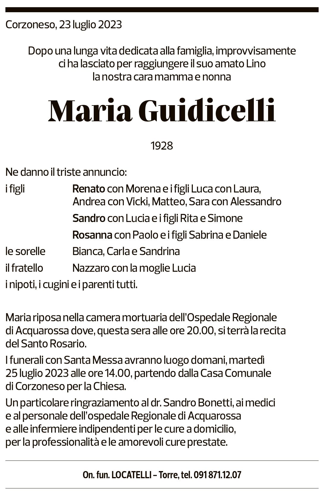 Annuncio funebre Maria Guidicelli