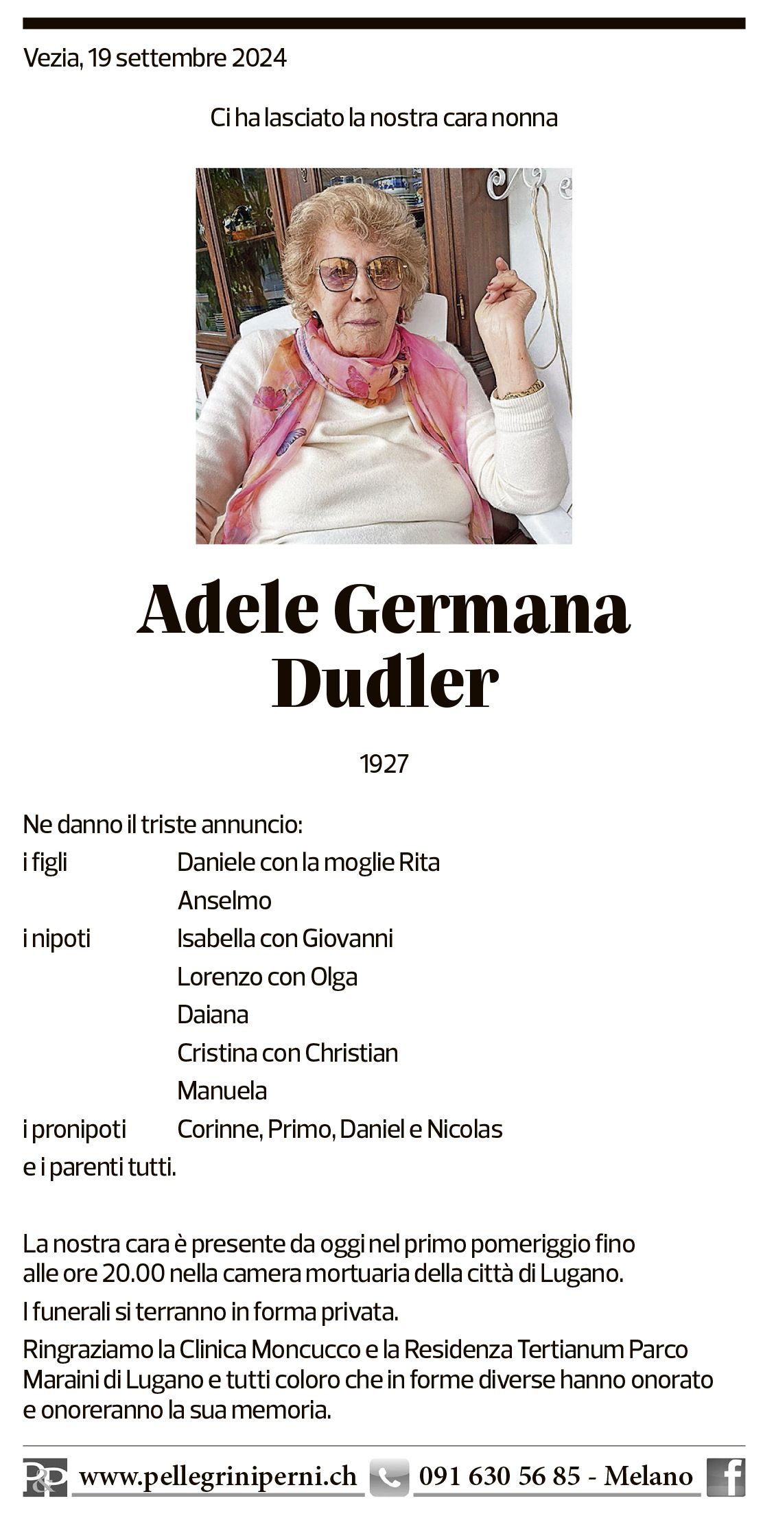 Annuncio funebre Adele Germana Dudler