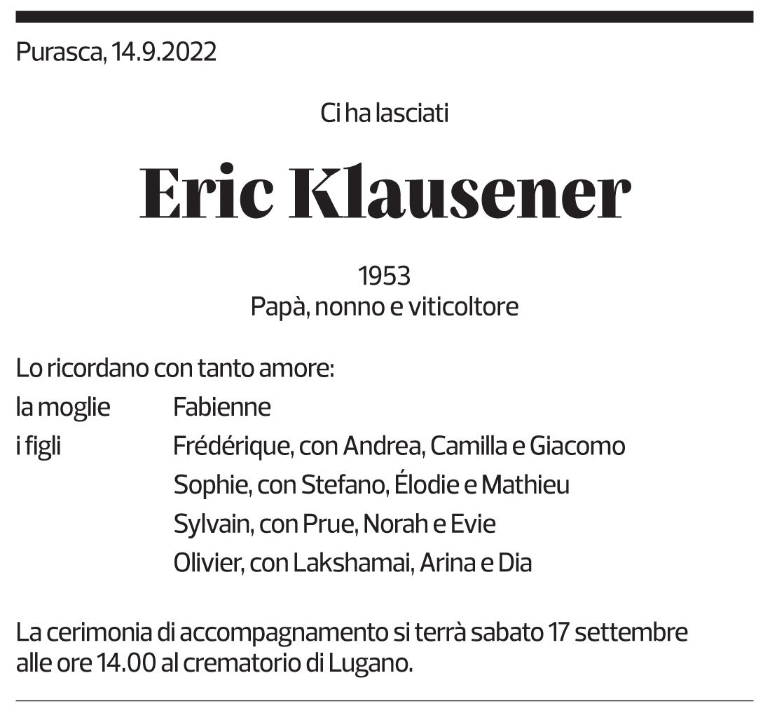 Annuncio funebre Eric Klausener