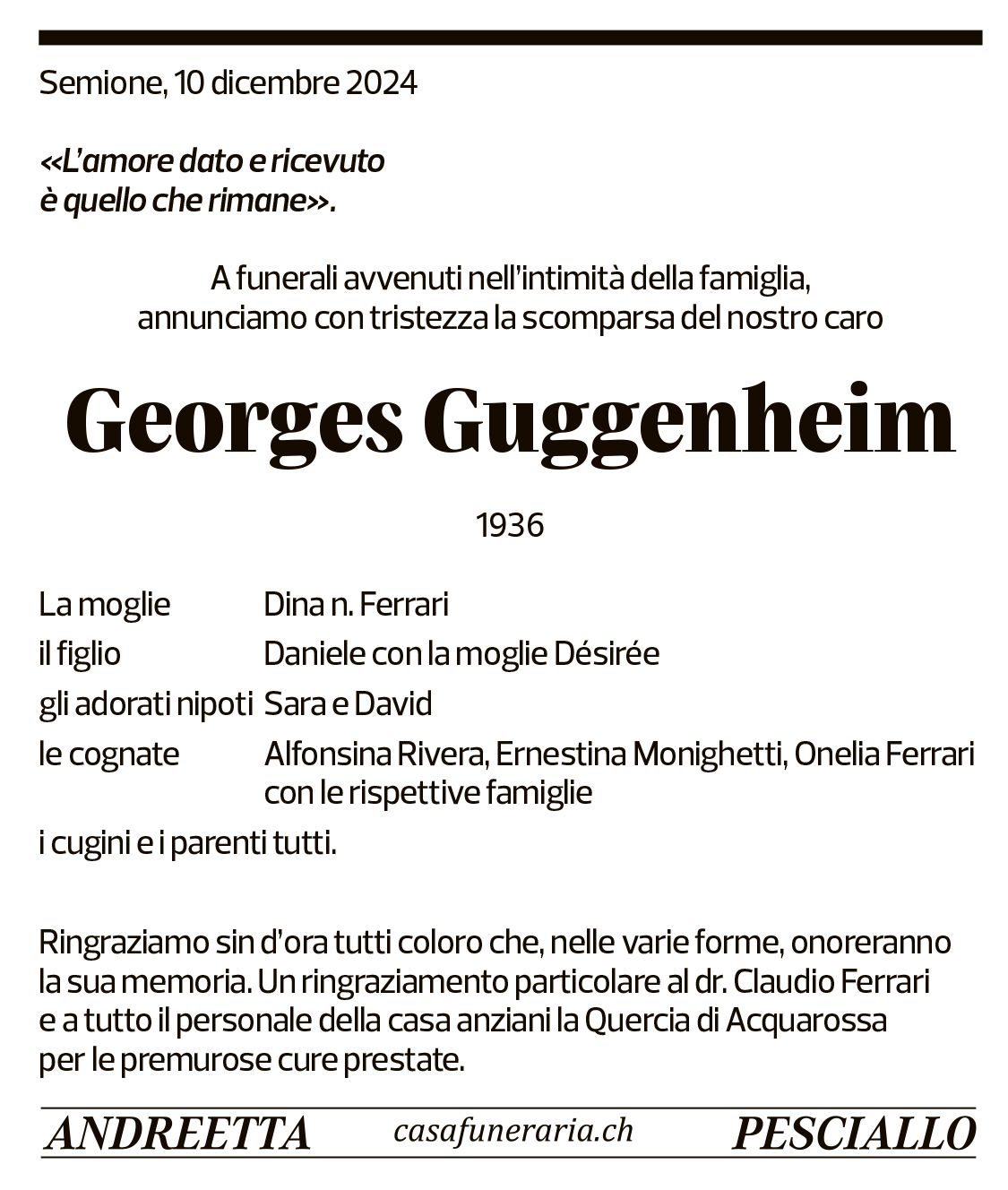 Annuncio funebre Georges Guggenheim