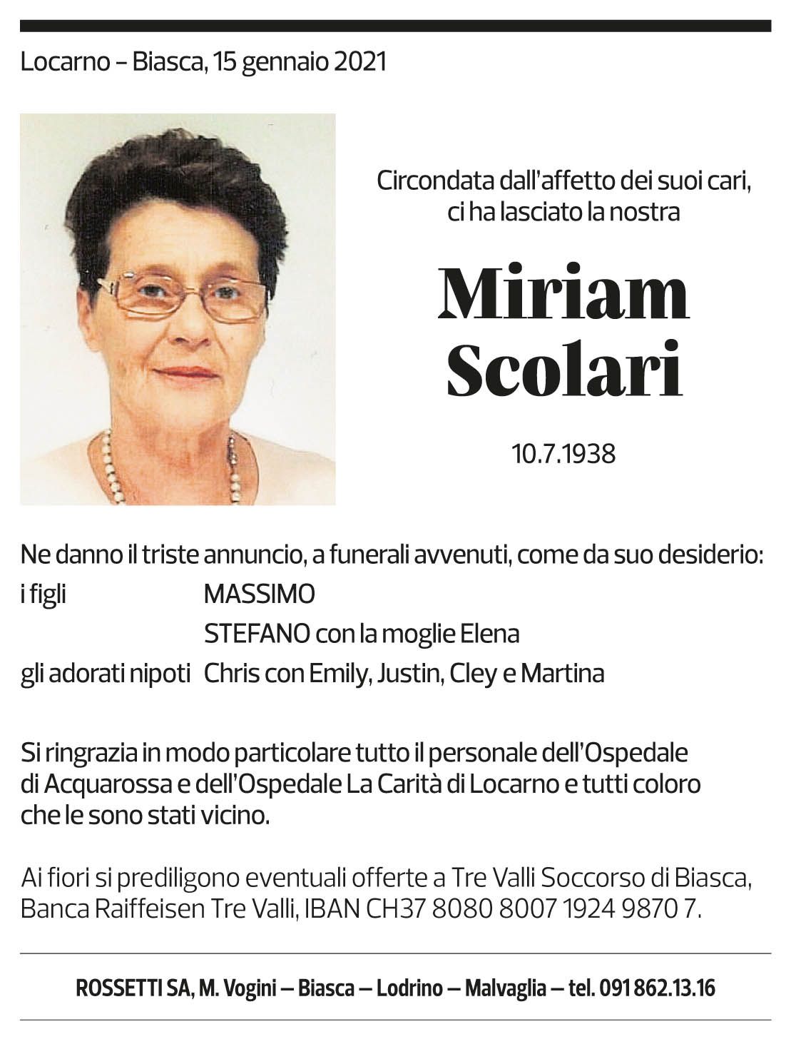 Annuncio funebre Miriam Scolari