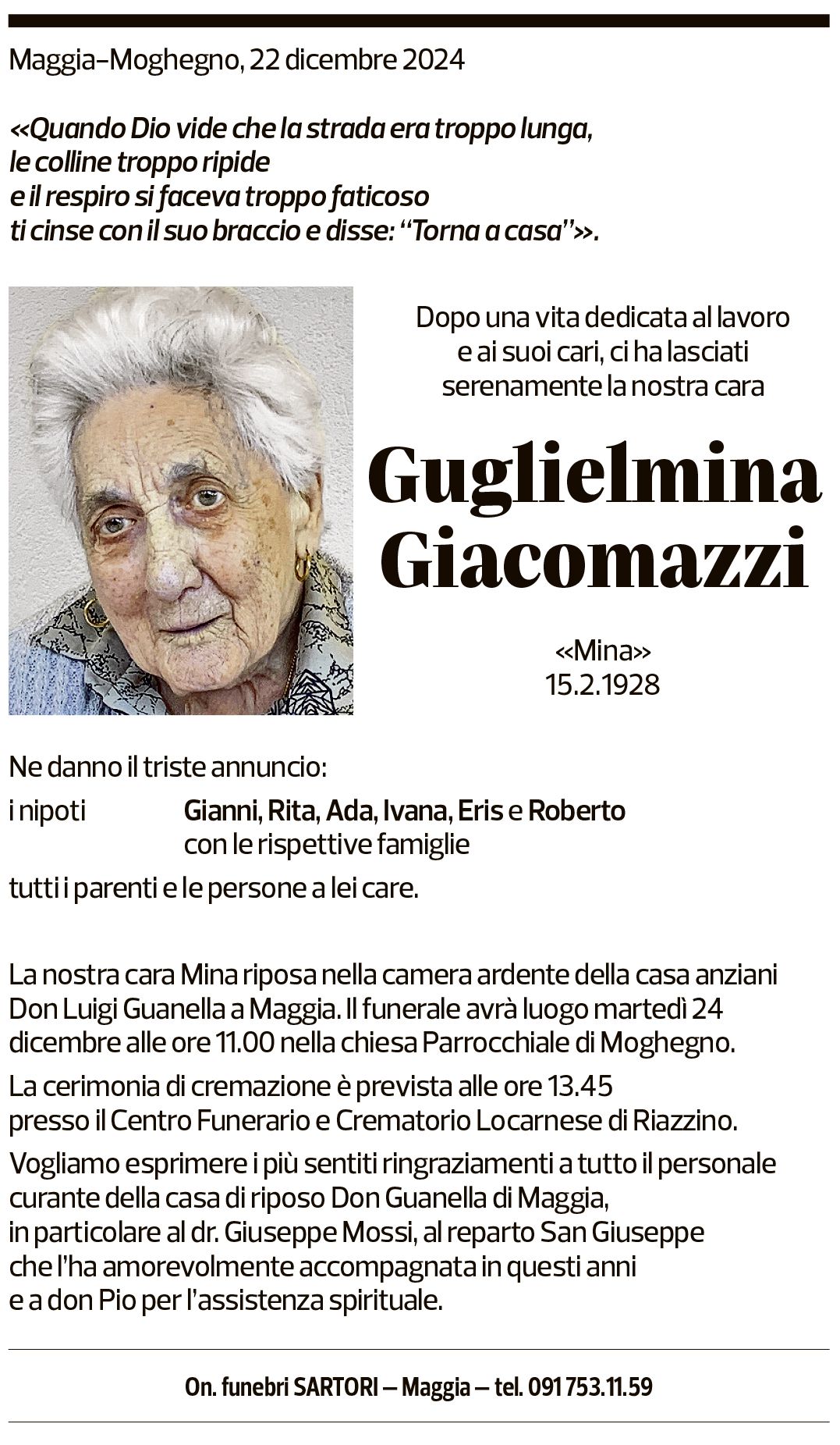 Annuncio funebre Guglielmina Giacomazzi