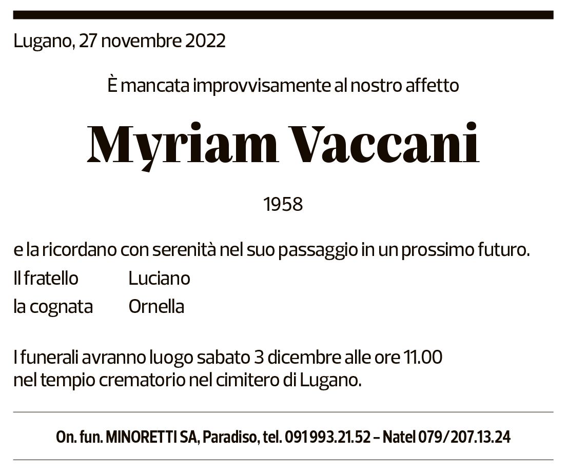 Annuncio funebre Myriam Vaccani