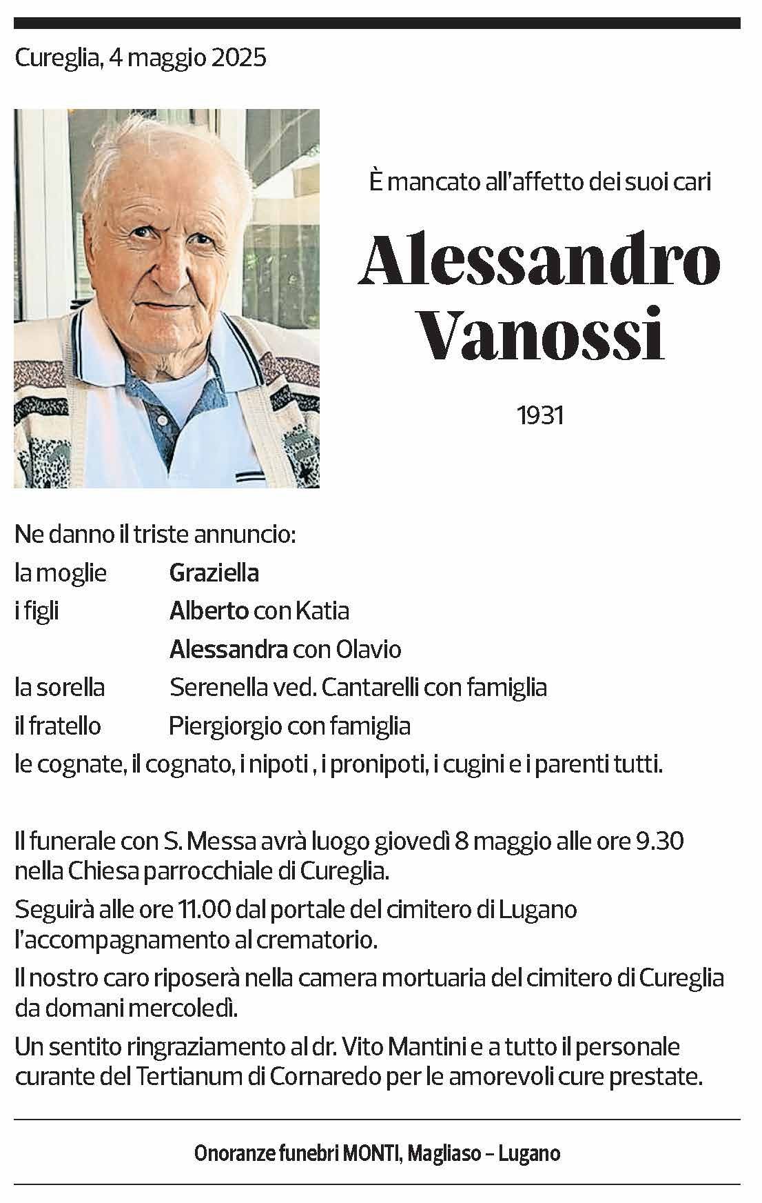 Annuncio funebre Alessandro Vanossi