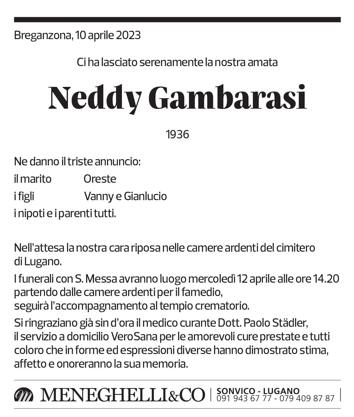 Annuncio funebre Neddy Gambarasi