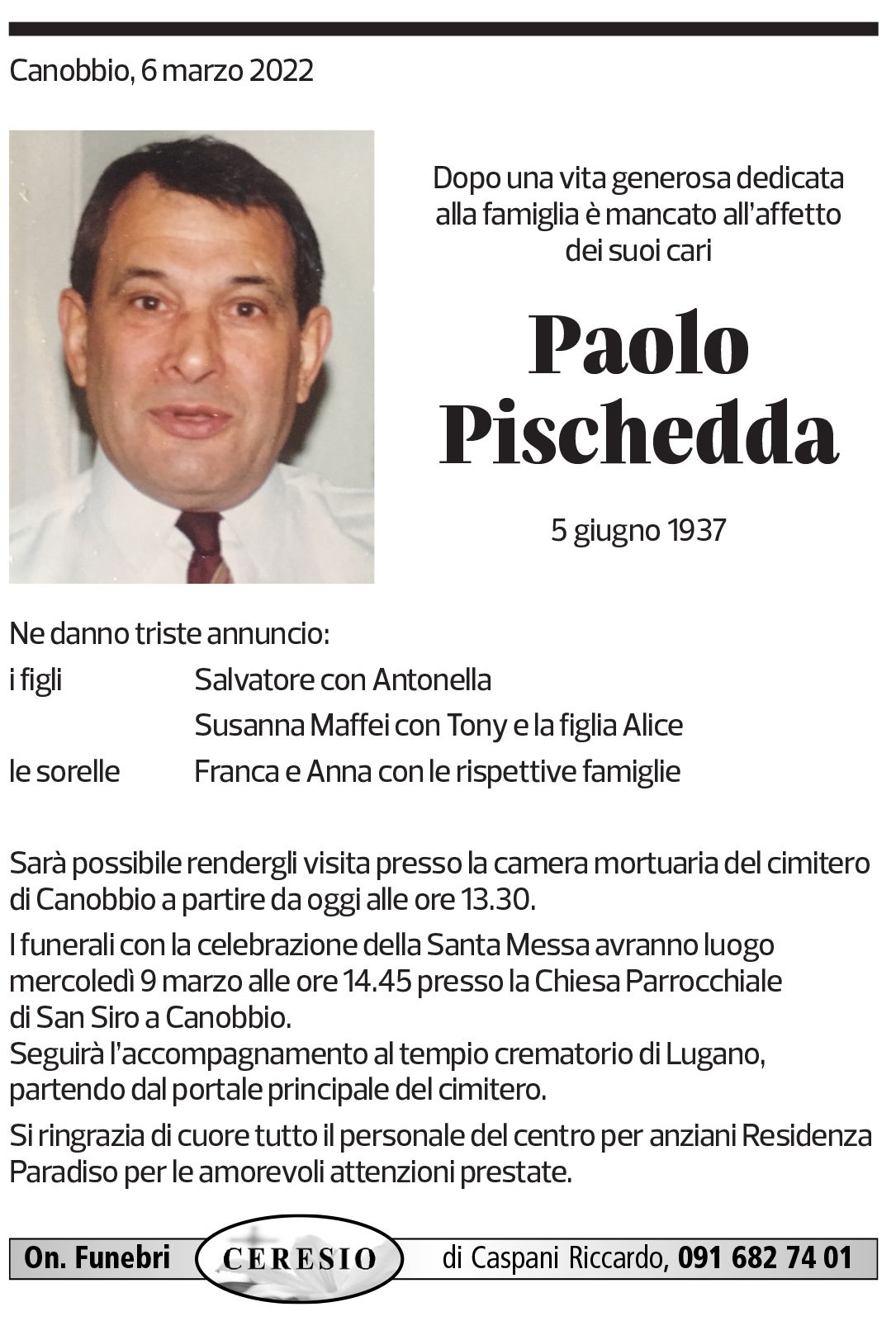 Annuncio funebre Paolo Pischedda