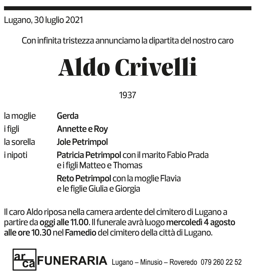 Annuncio funebre Aldo Crivelli