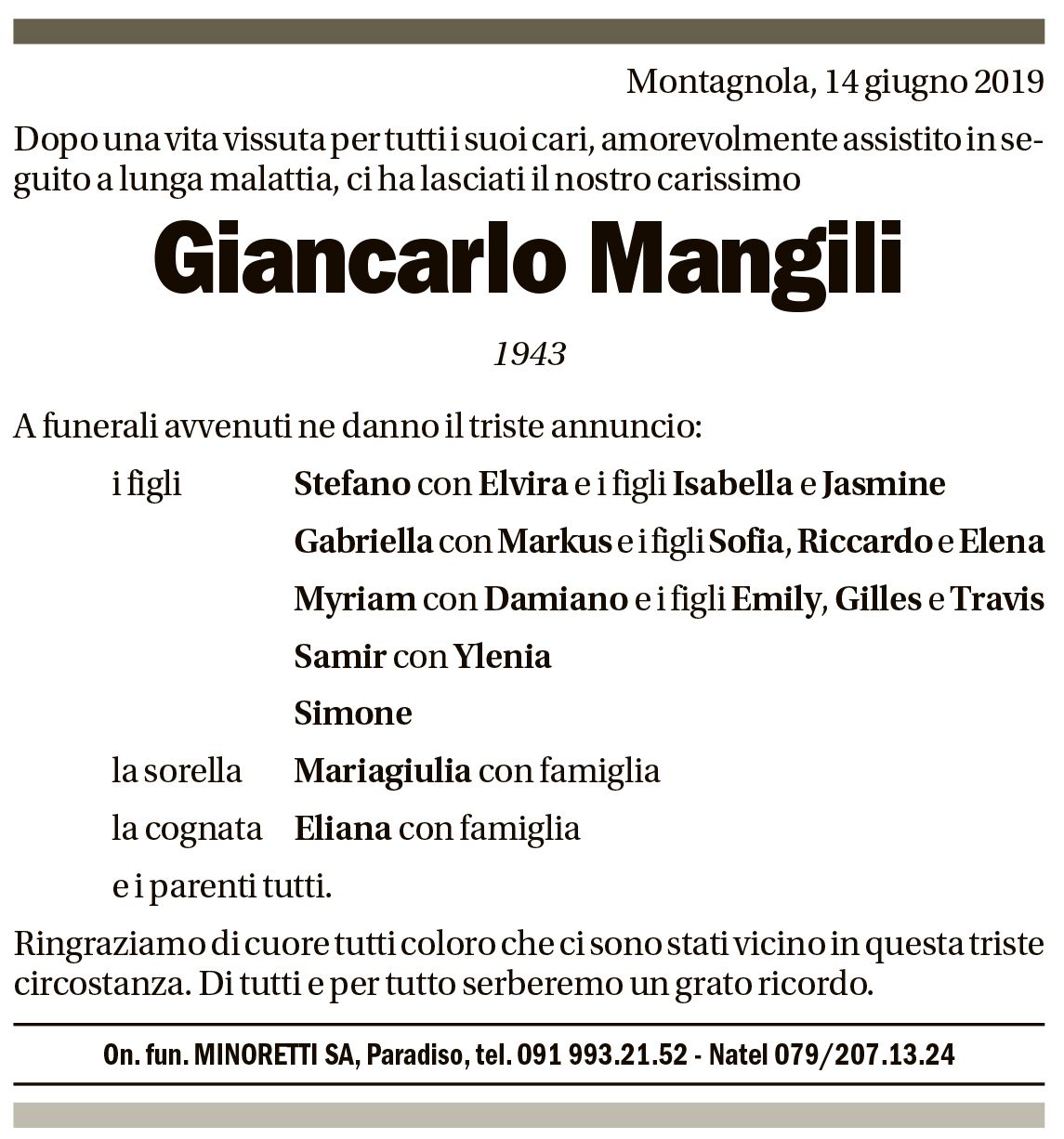 Annuncio funebre Giancarlo Mangili