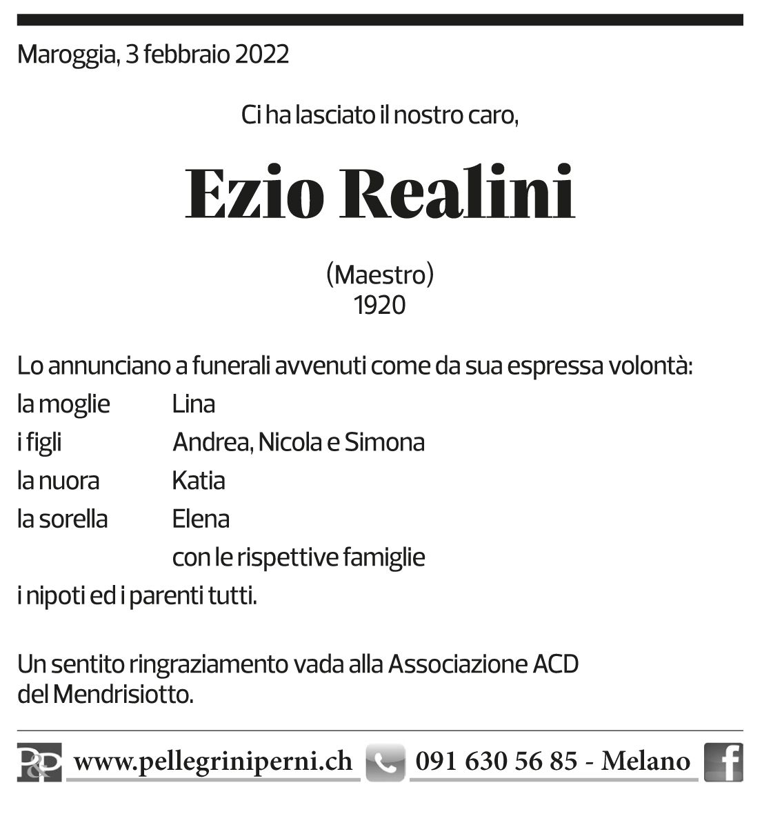 Annuncio funebre Ezio Realini