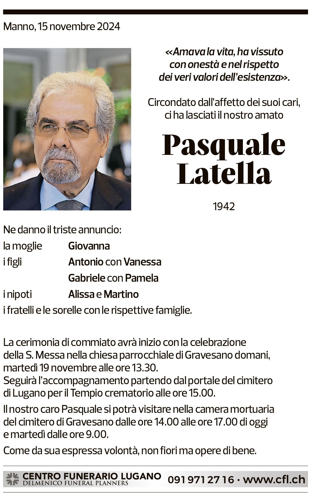 Annuncio funebre Pasquale Latella