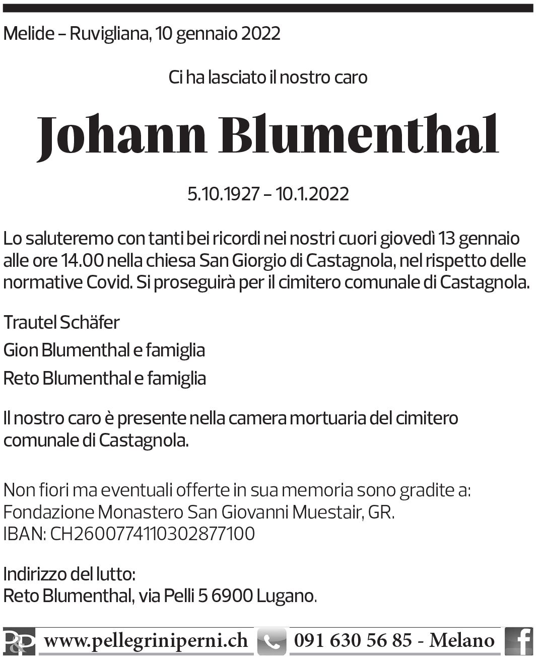 Annuncio funebre Johann Blumenthal