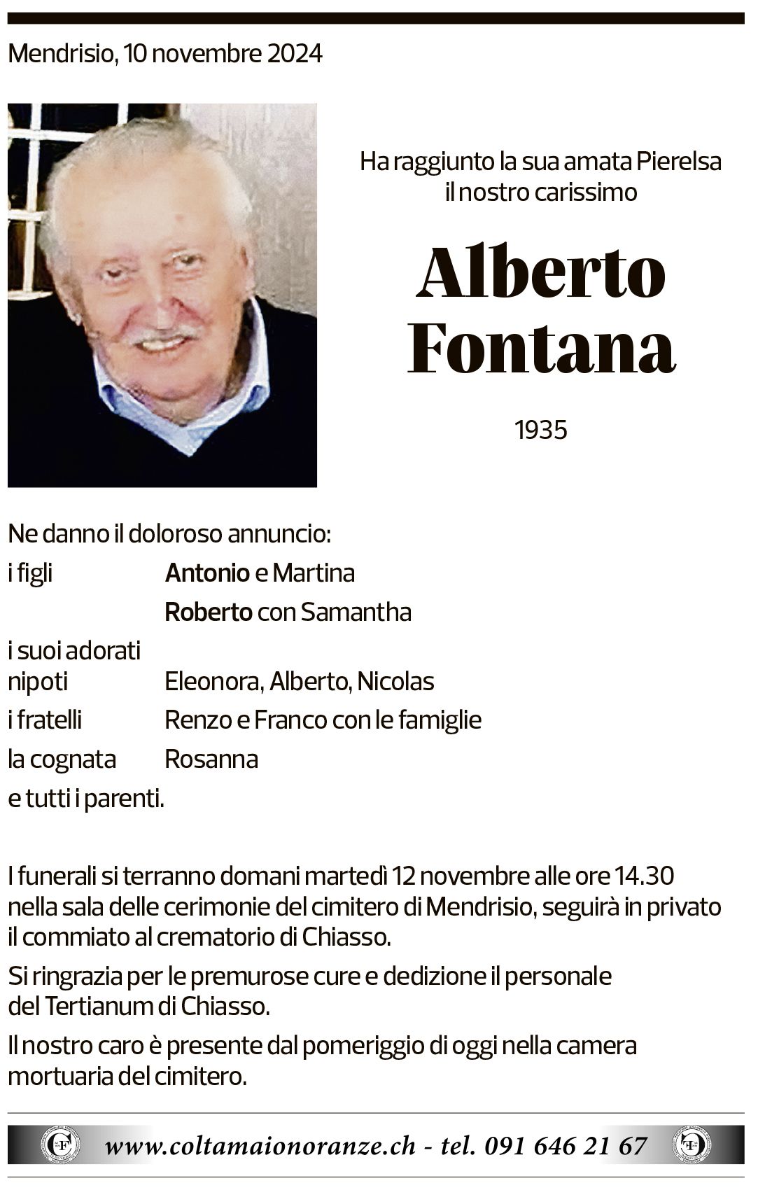 Annuncio funebre Alberto Fontana