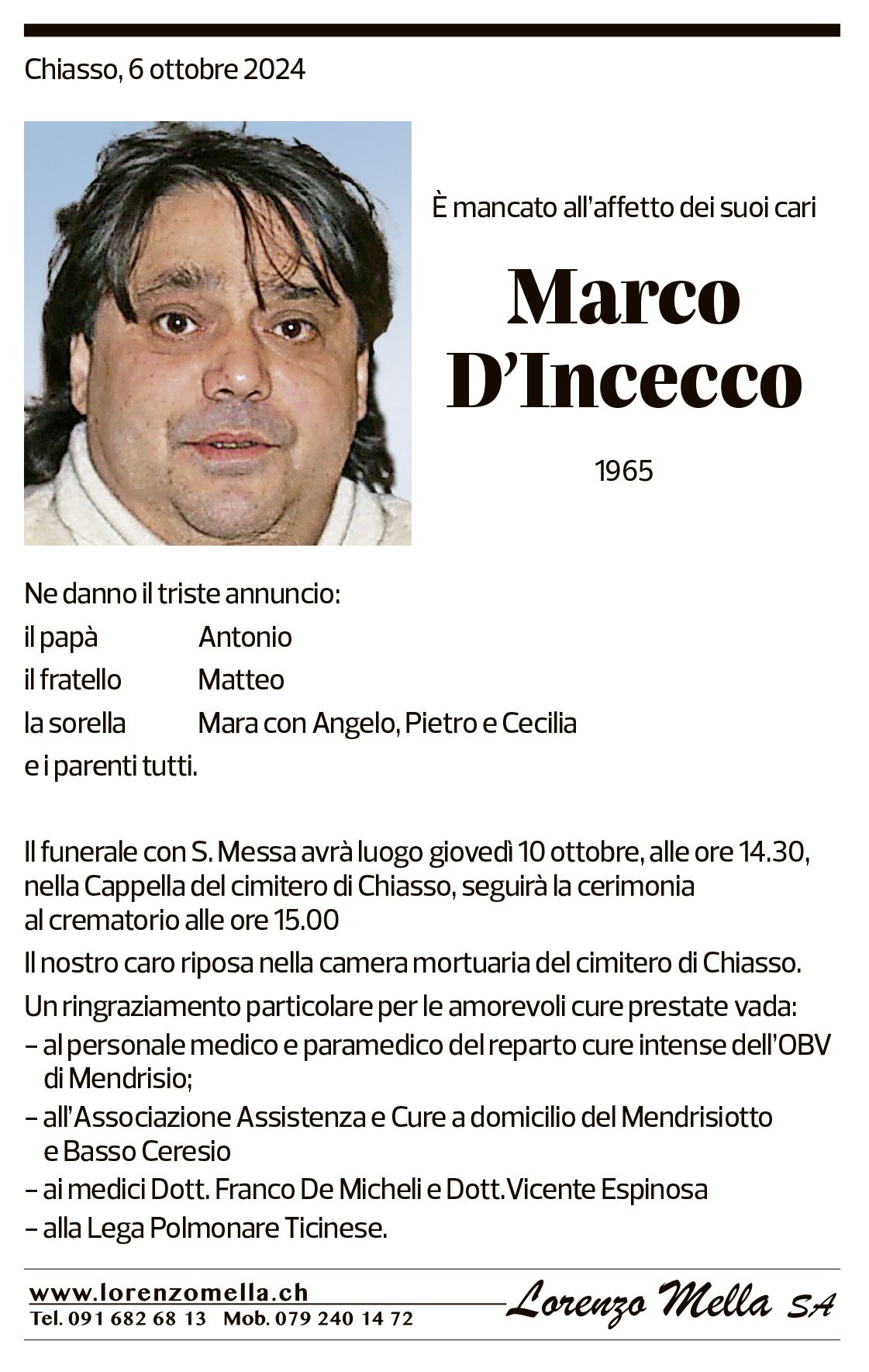 Annuncio funebre Marco D'incecco