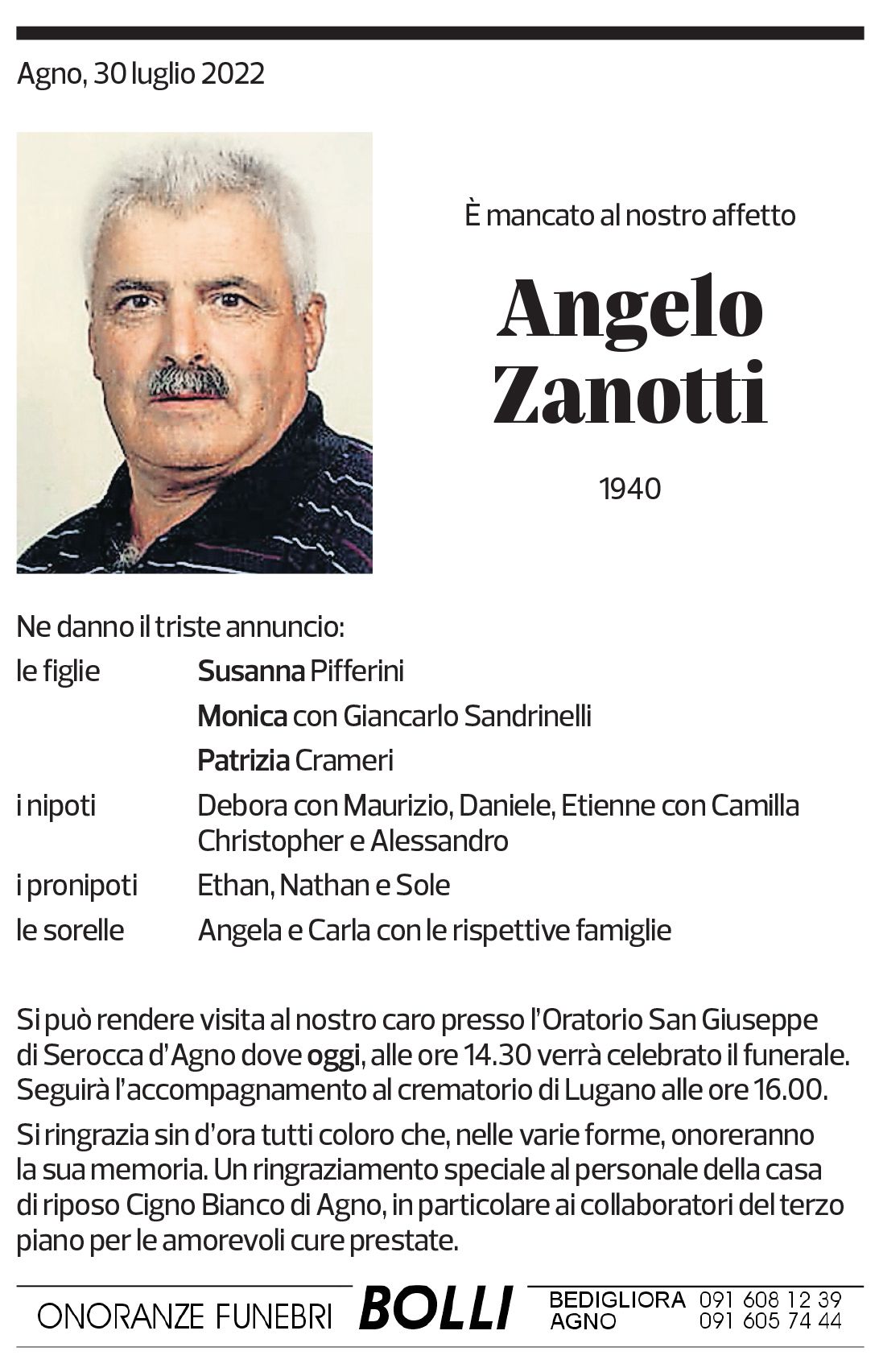 Annuncio funebre Angelo Zanotti