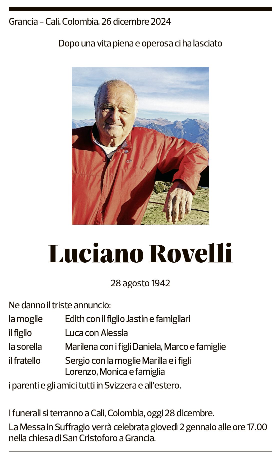 Annuncio funebre Luciano Rovelli