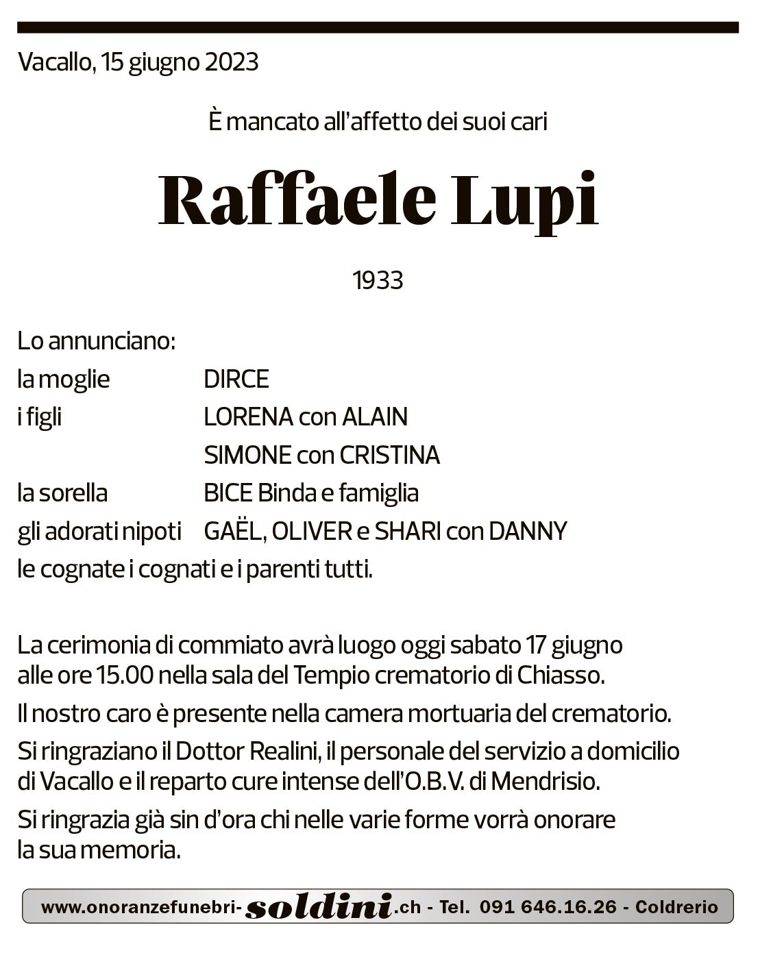 Annuncio funebre Raffaele Lupi