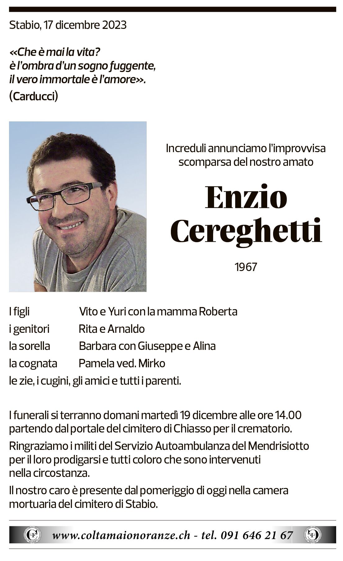 Annuncio funebre Enzio Cereghetti