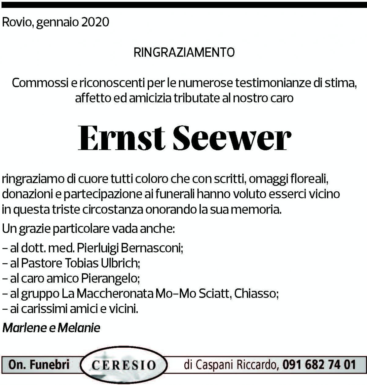 Annuncio funebre Ernst Seewer