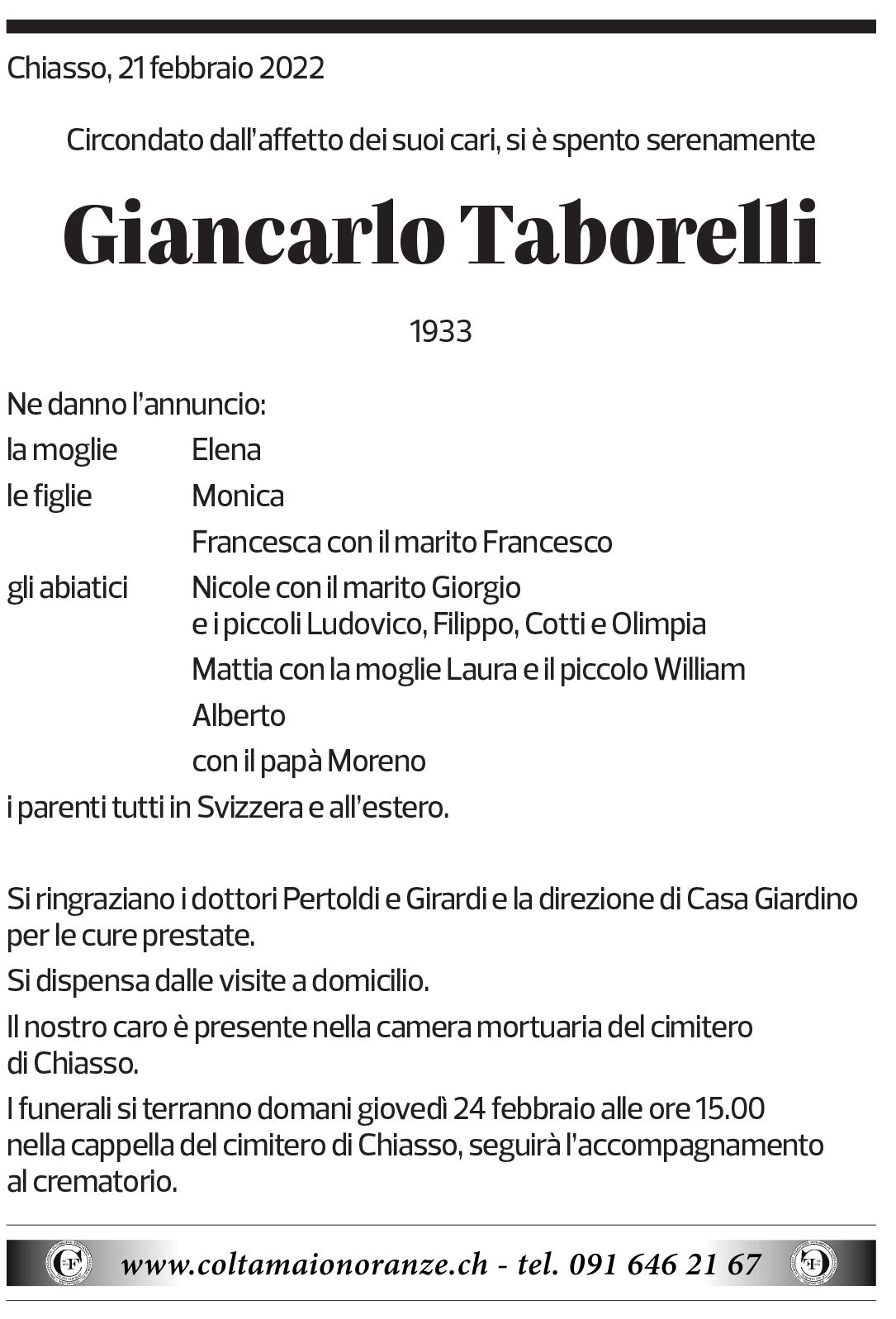 Annuncio funebre Giancarlo Taborelli