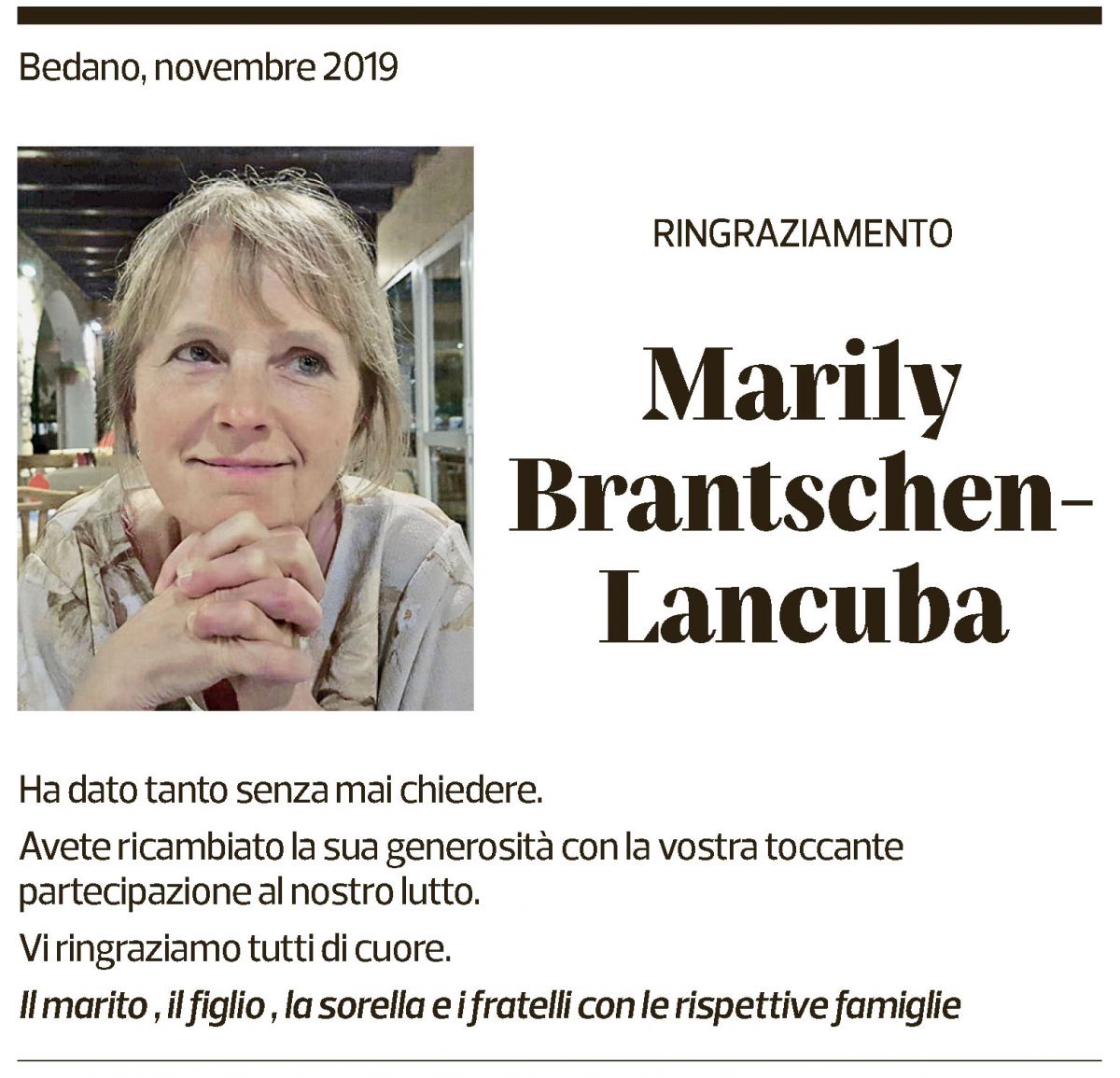 Annuncio funebre Marily Brantschen-lancuba