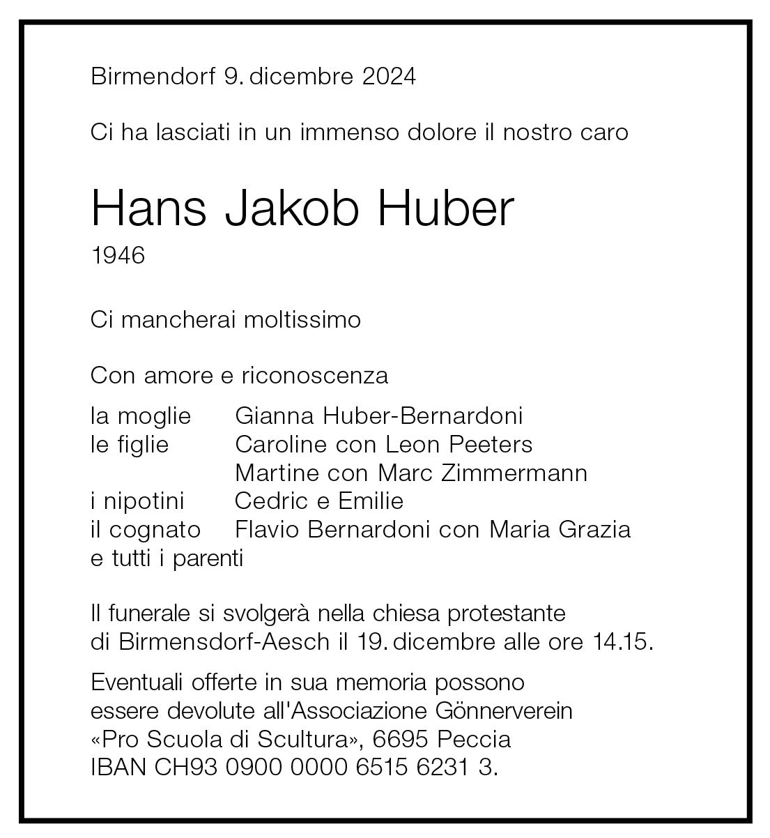 Annuncio funebre Hans Jakob Huber