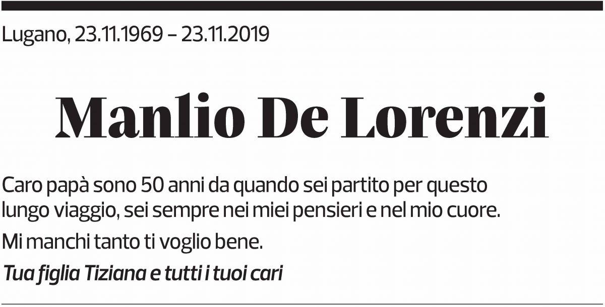 Annuncio funebre Manlio De Lorenzi