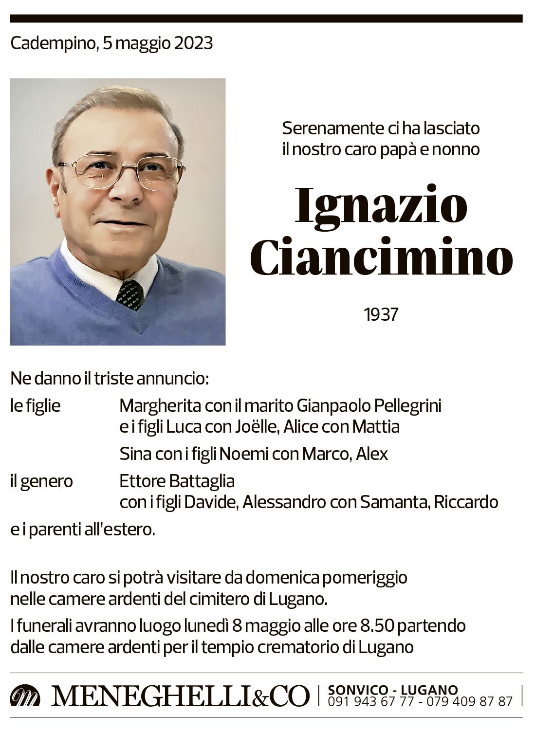 Annuncio funebre Ignazio Ciancimino