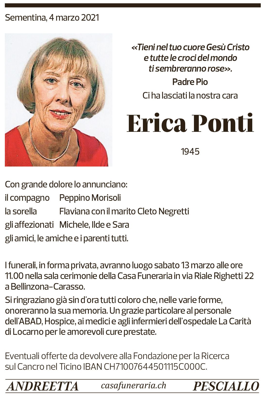 Annuncio funebre Erica Ponti