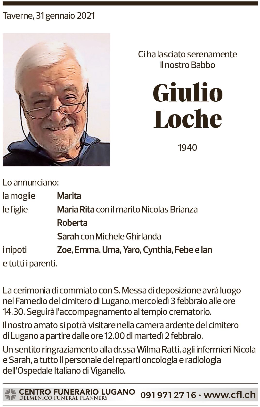 Annuncio funebre Giulio Loche