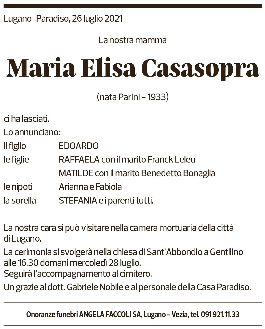 Annuncio funebre Maria Elisa Casasopra