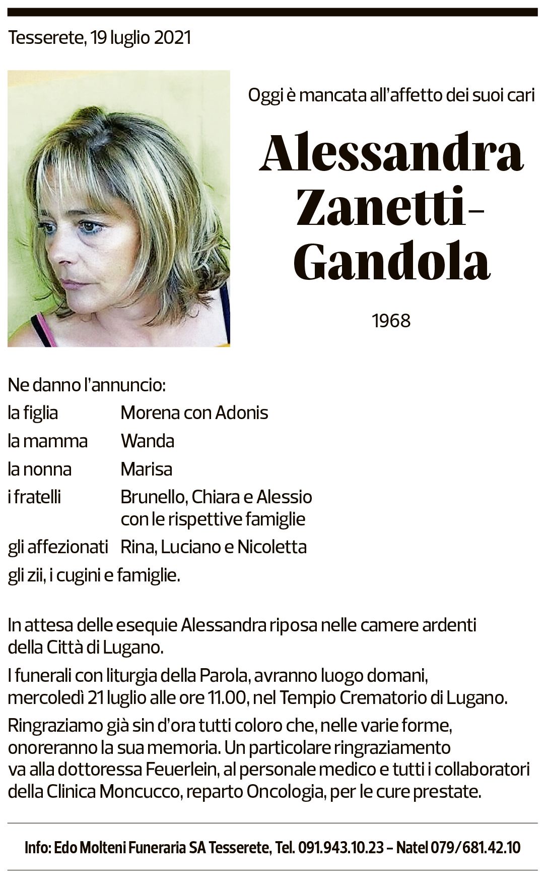 Annuncio funebre Alessandra Zanetti-gandola