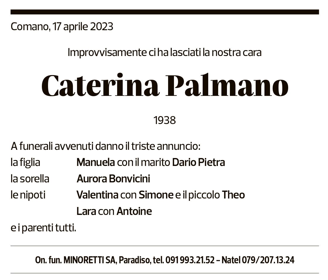 Annuncio funebre Caterina Palmano