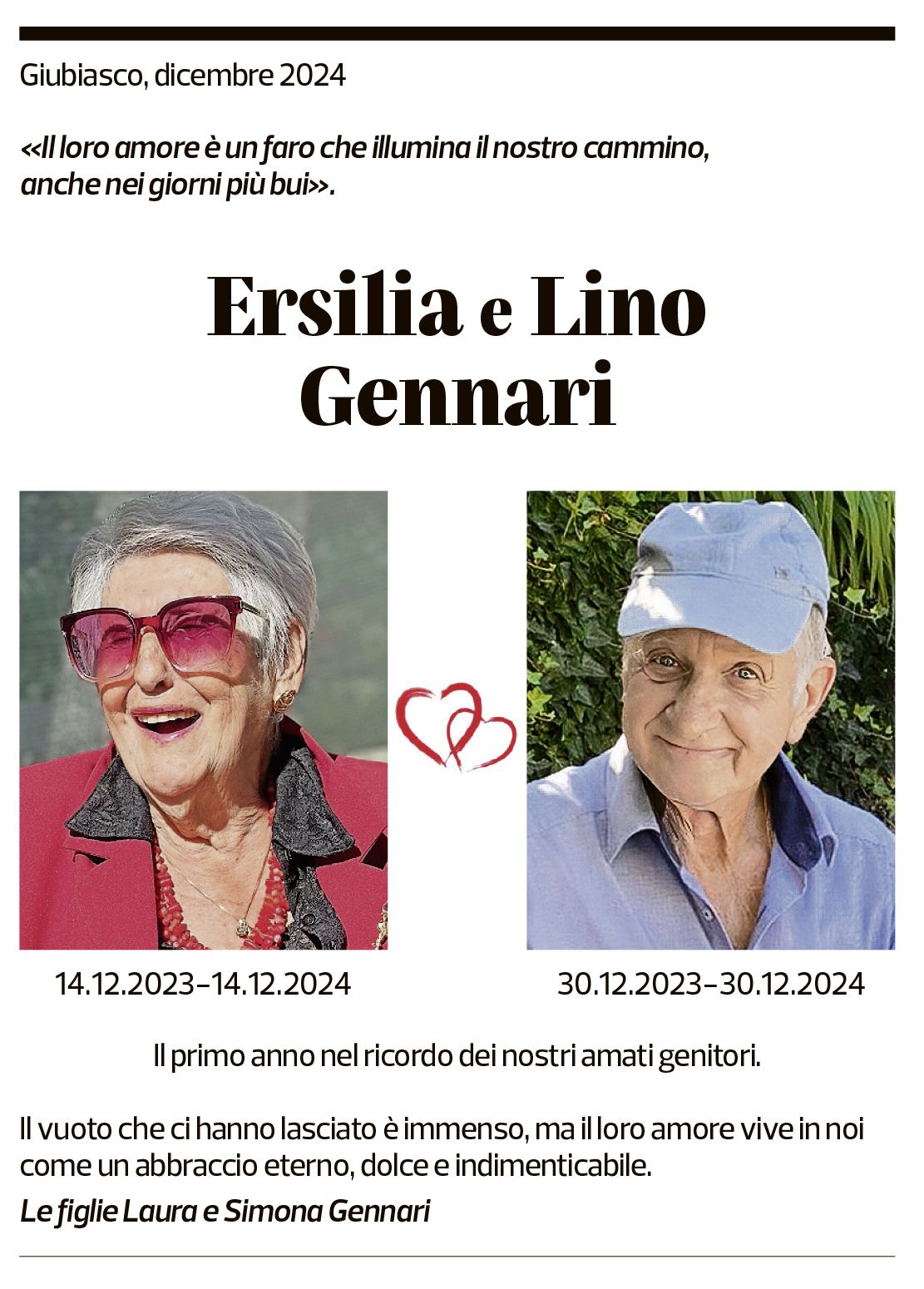 Annuncio funebre Ersilia E Lino Gennari