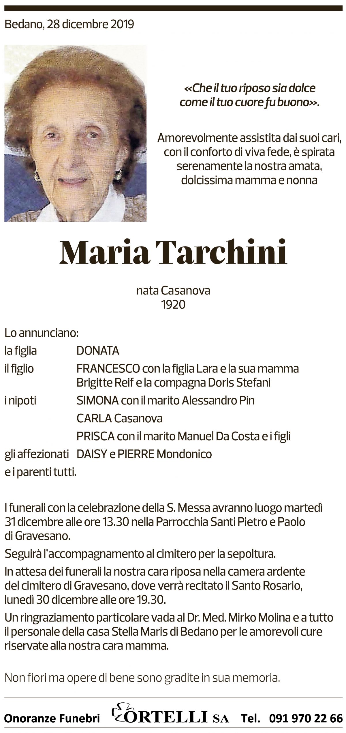 Annuncio funebre Maria Tarchini