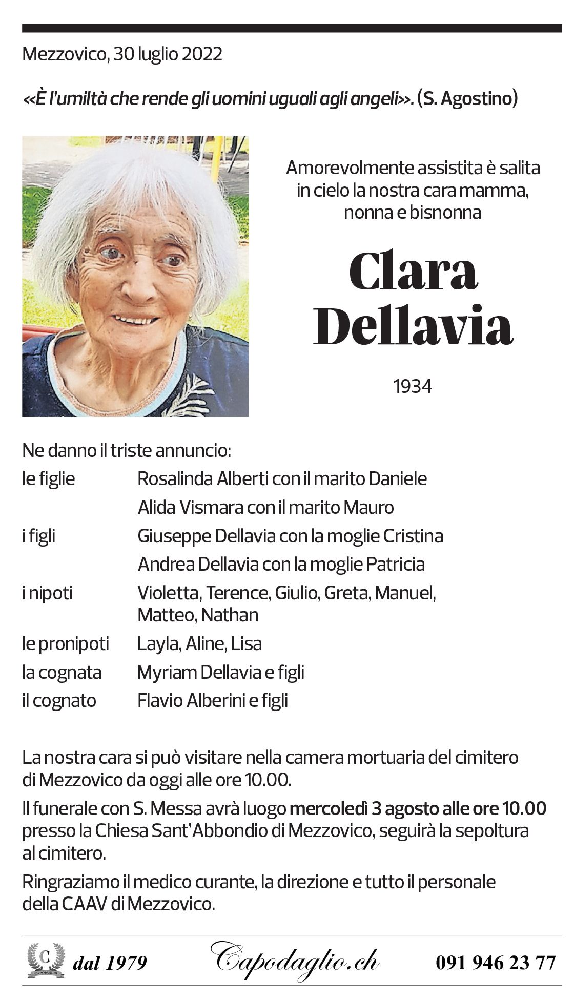 Annuncio funebre Clara Dellavia