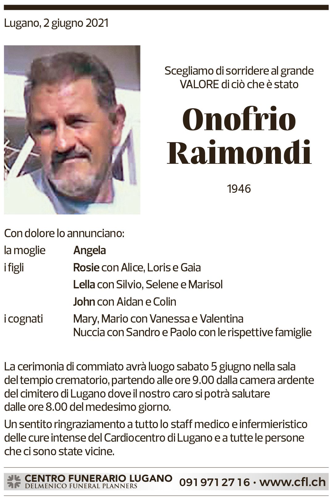 Annuncio funebre Onofrio Raimondi