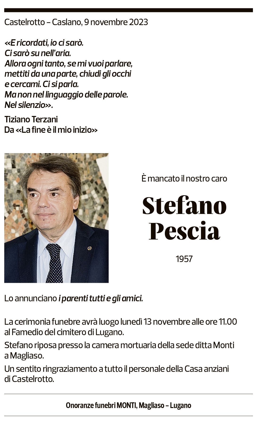 Annuncio funebre Stefano Pescia